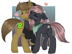 Size: 1200x913 | Tagged: safe, oc, oc only, oc:almond evergrow, oc:siren shadowstone, earth pony, pony, beanie, blushing, clothes, everstone, female, hat, heart, hoodie, love, male, mare, mare and stallion, ship, sirond, stallion