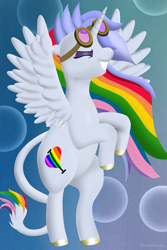 Size: 1728x2592 | Tagged: safe, artist:techarmsbu, oc, oc only, oc:aeon of dreams, oc:euphoria, oc:lightning bliss, alicorn, pony, abstract background, alicorn oc, colored hooves, eyes closed, female, fusion, fusion:euphoria, goggles, leonine tail, mare, multicolored hair, rainbow alicorn, rainbow hair, rearing, solo, spread wings, wings