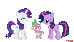 Size: 2500x1406 | Tagged: safe, artist:eugenebrony, derpibooru import, rarity, spike, twilight sparkle, unicorn twilight, dragon, pony, unicorn, the cutie pox, eyes closed, frown, heart eyes, rarity hair, simple background, transparent background, trio, wingding eyes