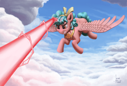 Size: 1880x1280 | Tagged: safe, artist:zevironmoniroth, cozy glow, alicorn, pony, the ending of the end, alicornified, blast, cloud, female, flying, magic, magic blast, race swap, sky, solo