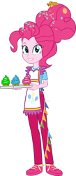 Size: 589x1356 | Tagged: safe, artist:sketchmcreations, pinkie pie, equestria girls, the last problem, apron, clothes, commission, confetti, cupcake, deviantart watermark, equestria girls interpretation, female, food, looking at you, obtrusive watermark, older, older pinkie pie, rubber duck, scene interpretation, simple background, smiling, transparent background, vector, watermark