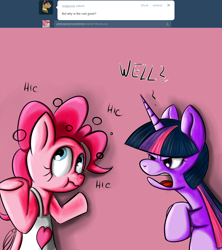 Size: 1024x1152 | Tagged: safe, artist:geneticanomaly, pinkie pie, twilight sparkle, pony, apron, clothes, drunk, drunkie pie, hiccup, onomatopoeia, pinkiepieskitchen