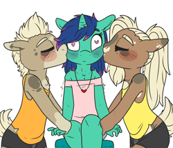 Size: 2006x1724 | Tagged: safe, artist:sexygoatgod, oc, oc only, oc:ceasar, oc:cleo, oc:kasumi, anthro, earth pony, unicorn, blushing, clothes, earth pony oc, eyes closed, female, femboy, heart eyes, horn, jewelry, kissing, male, necklace, reverse trap, simple background, sitting, twins, unicorn oc, white background, wide eyes, wingding eyes