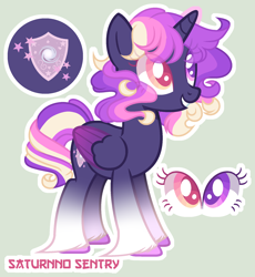 Size: 1686x1831 | Tagged: safe, artist:sweet-psycho-uwu, oc, oc:saturnno sentry, alicorn, pony, alicorn oc, cutie mark, female, heterochromia, mare, offspring, parent:flash sentry, parent:twilight sparkle, parents:flashlight, reference sheet, simple background, solo, unshorn fetlocks