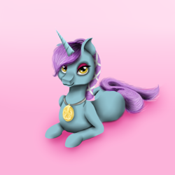 Size: 800x800 | Tagged: safe, artist:auroraswirls, oc, oc only, oc:luxurious locket, pony, unicorn, female, gradient background, horn, jewelry, mare, medal, necklace, prone, solo, unicorn oc