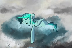 Size: 1800x1200 | Tagged: safe, artist:bokkitoki, oc, oc:misty, oc:sea foam, pegasus, pony, cloud, eyes closed, folded wings, offspring, on a cloud, outdoors, parent:rainbow dash, parent:soarin', parents:soarindash, prone, rain, sleeping, solo, three quarter view, wings