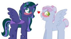 Size: 1024x567 | Tagged: safe, artist:bellalovesans04, oc, oc only, oc:firefly, oc:turquoise edge, alicorn, changepony, hybrid, pegasus, pony, alicorn oc, female, interspecies offspring, kindverse, lesbian, magical lesbian spawn, offspring, offspring shipping, parent:limestone pie, parent:princess luna, parent:queen chrysalis, parent:zephyr breeze, parents:chrysaluna, parents:zephyrstone