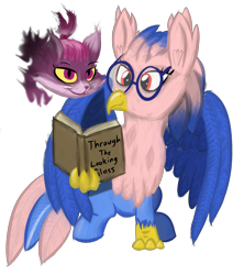 Size: 1856x2094 | Tagged: safe, artist:venaf, oc, oc:vivian iolani, cat, classical hippogriff, hippogriff, 2020 community collab, atg 2018, book, cheshire cat, derpibooru community collaboration, glasses, newbie artist training grounds, reading, red eyes, simple background, sitting, transparent background