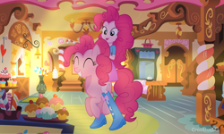 Size: 2500x1500 | Tagged: safe, artist:creativeli3, pinkie pie, pony, equestria girls, human ponidox, humans riding ponies, pinkie pie day, riding, self ponidox, sugarcube corner