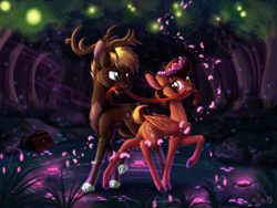 Size: 3000x2250 | Tagged: safe, artist:sirzi, oc, oc only, oc:ashiana leaf, deer, original species, peryton, dancer, deer oc, female, floral head wreath, flower, forest, glow, male, non-pony oc, petals, ribbon, smiling, straight, vitrung