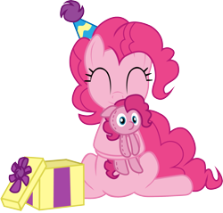 Size: 1841x1762 | Tagged: dead source, safe, artist:creativeli3, pinkie pie, pony, cute, diapinkes, eyes closed, hat, hug, party hat, plushie, simple background, solo, transparent background