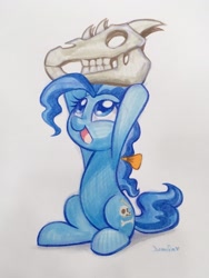 Size: 1536x2048 | Tagged: safe, artist:dawnfire, petunia paleo, earth pony, pony, bow, copic, cute, female, filly, hair bow, happy, hoof hold, open mouth, scene interpretation, signature, sitting, skull, smiling, solo, traditional art