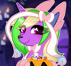 Size: 1395x1307 | Tagged: safe, artist:betavirus, oc, oc only, oc:sparkly breeze, pony, unicorn, bow, candy, clothes, costume, dog nose, ears, female, food, halloween, halloween costume, holiday, mare, nightmare night, paws, pokémon, pumpkin, pumpkin bucket, ribbon, sylveon