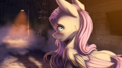 Size: 1024x577 | Tagged: safe, artist:klarapl, fluttershy, oc, pegasus, pony, unicorn, cheek fluff, duo, female, folded wings, looking at you, looking back, looking back at you, mare, mist, nervous, night, outdoors, scared, shadow, spotlight, stalker, stranger, street, streetlight, this will not end well, unknown pony, unnamed oc, wide eyes, wings