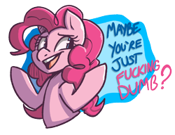 Size: 1546x1188 | Tagged: safe, artist:modularpon, artist:themodpony, pinkie pie, earth pony, pony, abstract background, bust, open mouth, shrug, simple background, solo, transparent, vulgar