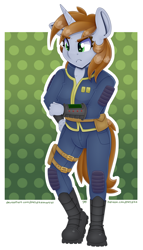 Size: 4000x7000 | Tagged: safe, alternate version, artist:partylikeanartist, oc, oc only, oc:littlepip, anthro, unicorn, fallout equestria, absurd resolution, boots, clothes, combat boots, fallout, fanfic, fanfic art, female, hand, horn, mare, pipbuck, shoes, simple background, solo, vault suit