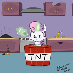 Size: 4000x4000 | Tagged: safe, artist:professionalpuppy, sweetie belle, pony, unicorn, bread, cooking, explosives, female, filly, food, kitchen, levitation, lighter, magic, minecraft, pyro belle, sweetie belle can't cook, sweetie belle's magic brings a great big smile, sweetie fail, telekinesis, this will end in death, this will end in explosions, this will end in tears, this will end in tears and/or breakfast, this will end in tears and/or death, this will end in tears and/or death and/or covered in tree sap, tnt, toast, what could possibly go wrong, xk-class end-of-the-kitchen scenario