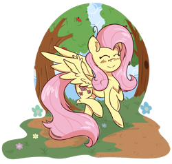 Size: 1024x976 | Tagged: safe, artist:twittershy, fluttershy, pegasus, pony, blushing, eyes closed, female, mare, outdoors, partial background, prancing, simple background, smiling, solo, spread wings, stray strand, transparent background, tree, wings