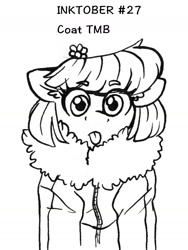 Size: 1141x1514 | Tagged: safe, artist:tillie-tmb, oc, oc:meadow lark, earth pony, pony, clothes, female, inktober, jacket, mare, monochrome, solo, tongue out