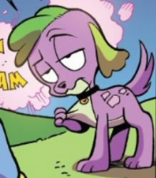 Size: 720x822 | Tagged: safe, artist:andypriceart, idw, spike, dog, equestria girls, spoiler:comic, spoiler:comic78, cropped, dogified, implied equestria girls, paws, species swap, spike is not amused, spike the dog, spike's dog collar, tail, unamused