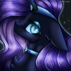 Size: 768x768 | Tagged: safe, artist:meaghanlroyal, nightmare rarity, pony, unicorn, abstract background, chest fluff, crown, ear fluff, female, floppy ears, horn jewelry, icon, jewelry, lidded eyes, looking at you, mare, nightmare raribetes, profile, regalia, request, solo