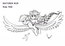 Size: 2140x1514 | Tagged: safe, artist:tillie-tmb, oc, oc:mavis, oc:tempest, bird, pegasus, pony, unicorn, female, filly, flying, inktober, mare, monochrome, ponies riding ponies, riding