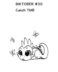 Size: 1109x1367 | Tagged: safe, artist:tillie-tmb, spike, butterfly, dragon, cute, inktober, monochrome, solo, spikabetes