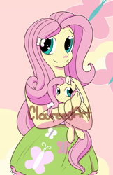 Size: 1650x2550 | Tagged: safe, artist:cloureed, fluttershy, pegasus, pony, equestria girls, holding a pony, human ponidox, self ponidox