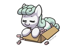 Size: 732x488 | Tagged: safe, artist:dawnfire, oc, oc:packing peanuts, earth pony, pony, behaving like a cat, box, solo