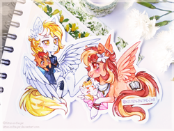 Size: 3968x2976 | Tagged: safe, artist:kitten-in-the-jar, oc, oc only, oc:serenity, oc:white feather, pegasus, pony, baby, baby pony, featureless crotch, female, flower, flower in hair, male, mare, serenither, stallion, traditional art