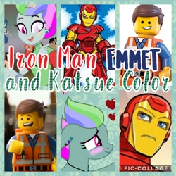 Size: 1024x1024 | Tagged: safe, artist:marissa8224, oc, oc:katsue color, pegasus, pony, equestria girls, art trade, collage, crossover, emmet brickowski, equestria girls-ified, iron man, lego, marvel, the lego movie