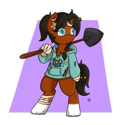 Size: 1000x1000 | Tagged: safe, artist:taletrotter, derpibooru import, oc, oc:tansy, semi-anthro, unicorn, bandage, bipedal, clothes, color, concept art, dirty, ear piercing, earring, femboy, hoodie, jewelry, male, piercing, post apocalpyse, shovel, stallion