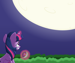 Size: 4500x3800 | Tagged: safe, artist:mirrorcrescent, twilight sparkle, twilight sparkle (alicorn), alicorn, pony, between dark and dawn, female, full moon, magic, mare, moon, nervous, solo