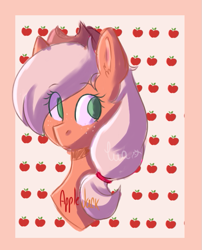 Size: 569x703 | Tagged: safe, artist:lunalionsevaki, derpibooru import, applejack, earth pony, pony, apple, bust, cute, ear fluff, eye clipping through hair, food, head only, jackabetes, no pupils, portrait, solo