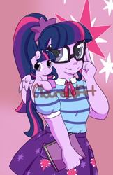 Size: 1650x2550 | Tagged: safe, artist:cloureed, sci-twi, twilight sparkle, twilight sparkle (alicorn), alicorn, pony, equestria girls, human ponidox, self ponidox, shoulder pony, twolight