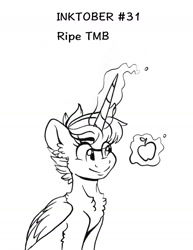 Size: 1168x1514 | Tagged: safe, artist:tillie-tmb, oc, oc:tillie, alicorn, pony, apple, female, food, inktober, magic, mare, monochrome, solo