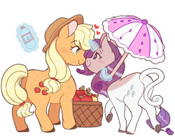 Size: 990x776 | Tagged: safe, artist:doekis, derpibooru import, applejack, rarity, classical unicorn, earth pony, pony, unicorn, apple, blushing, cute, eye contact, female, floating heart, food, glowing horn, heart, horn, leonine tail, lesbian, looking at each other, love, magic, mare, rarijack, shipping, telekinesis, umbrella, water bottle