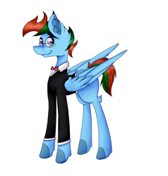 Size: 1283x1349 | Tagged: safe, artist:chazmazda, oc, pegasus, pony, art, cartoon, clothes, commission, digital art, ear fluff, fullbody, glasses, solo, tuxedo, wings