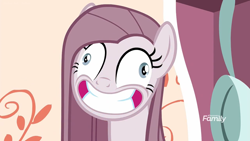 Size: 1366x768 | Tagged: safe, derpibooru import, screencap, pinkie pie, earth pony, pony, yakity-sax, bust, contemplating insanity, female, forced smile, grin, insanity, mare, pinkamena diane pie, portrait, smiling, solo