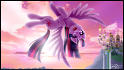 Size: 4020x2261 | Tagged: safe, artist:trappefnff, derpibooru import, twilight sparkle, twilight sparkle (alicorn), alicorn, pony, aerobatics, backlighting, canterlot castle, cute, cutie mark eyes, flying, happy, signature, solo, spread wings, twiabetes, upside down, wingding eyes, wings