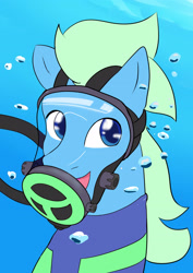 Size: 2480x3508 | Tagged: safe, artist:chef-cheiro, oc, oc:sea glow, pegasus, pony, bubble, full face mask, looking at you, ppe, respirator, scuba, scuba diving, scuba gear, smiling, solo, underwater, wetsuit