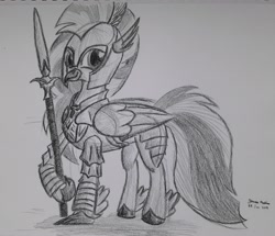 Size: 2845x2448 | Tagged: safe, artist:rockhoppr3, silverstream, hippogriff, armor, dark souls, knight, monochrome, polearm, signature, solo, traditional art, weapon