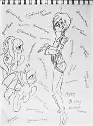 Size: 768x1040 | Tagged: safe, artist:alienpauline483, oc, oc:black dawn, oc:melody rhymes, oc:midnight cakepowder, bat pony, human, pony, bat pony oc, birthday, birthday gift, discord (program), monochrome, pegasus oc, traditional art