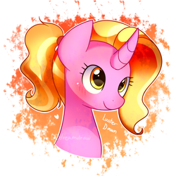 Size: 1000x1000 | Tagged: safe, artist:dddreamdraw, luster dawn, pony, unicorn, the last problem, abstract background, blushing, bust, cute, lusterbetes, portrait, signature, smiling, solo