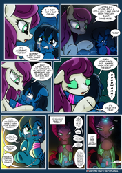 Size: 2480x3508 | Tagged: safe, artist:dsana, fizzlepop berrytwist, tempest shadow, oc, oc:lullaby dusk, oc:thistledown, earth pony, pegasus, pony, unicorn, comic:a storm's lullaby, blushing, broken horn, comic, crying, dock, female, filly, heterochromia, horn, mama bear, mare, night, sparking horn, underhoof