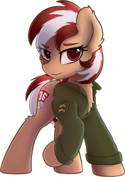 Size: 1156x1640 | Tagged: safe, artist:av-4, artist:avastin4, oc, oc only, oc:roulette, earth pony, pony, fallout equestria, fallout equestria: red 36, chest fluff, clothes, fanfic art, female, jacket, looking at you, mare, simple background, smiling, smirk, solo, transparent background