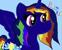 Size: 1015x816 | Tagged: safe, artist:kittycatrittycat, oc, oc:prism bolt skies, alicorn, pony, alicorn oc, multicolored hair, next generation, offspring, old picture, parent:rainbow dash, parent:soarin', parents:soarindash, rainbow hair