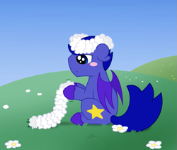 Size: 929x783 | Tagged: safe, artist:ravenpuff, oc, oc only, oc:kiba, bat pony, pony, bat pony oc, blush sticker, blushing, floral head wreath, flower, male, sitting, solo, stallion