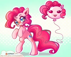 Size: 1024x817 | Tagged: safe, artist:chaosangeldesu, pinkie pie, earth pony, pony, :p, balloon, bipedal, cute, diapinkes, female, mare, patreon, solo, tongue out