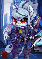 Size: 707x1000 | Tagged: safe, artist:eztp, oc, oc:maelstrom, anthro, pegasus, unguligrade anthro, chibi, clothes, cute, gun, police, police car, weapon, ych result